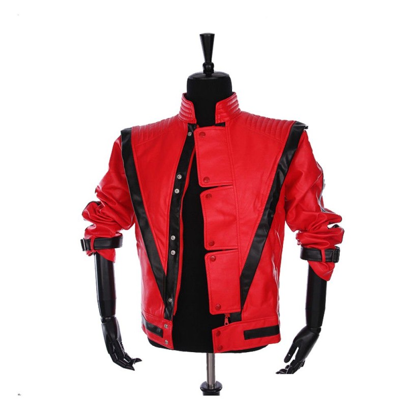 Rare MJ Red THRILLER Leather Jacket Men Gothic Party Style Fashion Jacket 